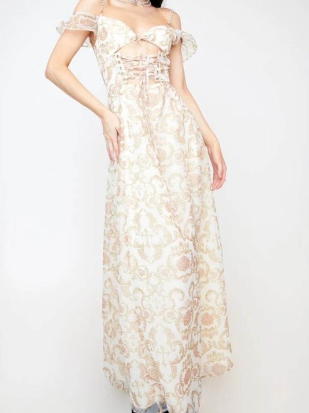 Dolls Kill Sugar Thrills Baroque Floral Cross Lace-Up Corset Maxi Dress,  XXL